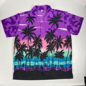 VHO Hawaiian Shirt Short Sleeve Button Up Purple Palm Tree Beach Size XL